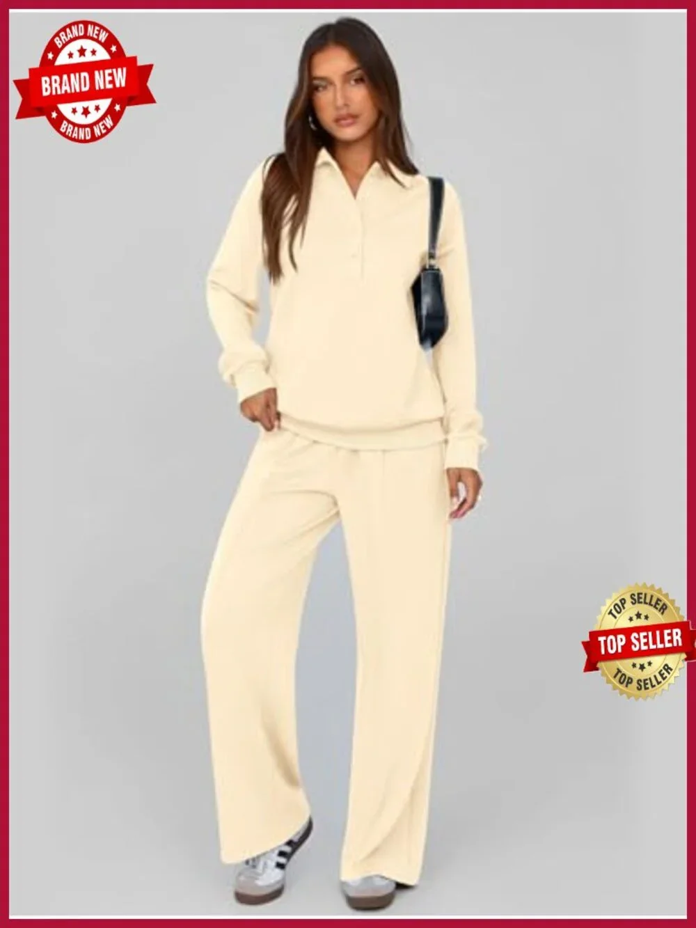 Women's 2 Piece Sweatsuit Set Quarter Button Long Sleeve Sweatshirt Wide Leg